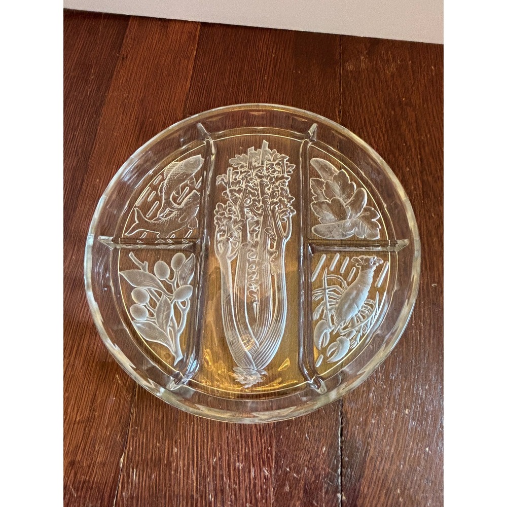 Vintage Frosted Glass Divided Relish Tray 5 Section Celery Lobster Fish 11 inch